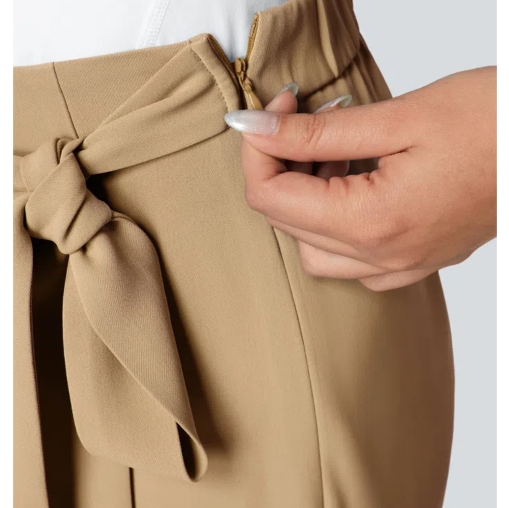 Halara Flex High Waisted Tie Side Wide Leg Work Pants Tan Desert Brown NWT S/P - Picture 4 of 10
